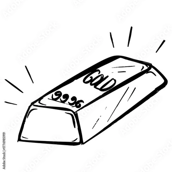 Fototapeta Vector sketch illustration of a gold bar with purity mark 99.9g, hand drawn in doodle style. Simple line art of a gold ingot isolated on white background,