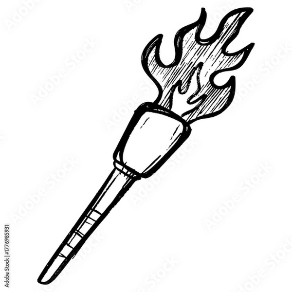 Fototapeta Black and white doodle illustration of a burning torch with flame. Hand drawn sketch style, perfect for design elements, icons, logos, adventure themes, survival concepts, or vintage artwork.