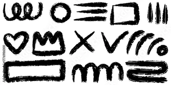 Fototapeta collection of hand drawn brush stroke shapes and doodle elements in black ink on white background.