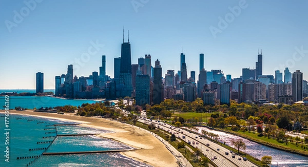 Fototapeta  Aerial Drone View of Chicago Skyline and Lakeshore Drive Traffic | Wide Panoramic Cityscape Capture the stunning Chicago skyline from above with a wide panoramic aerial drone view, showcasing 
