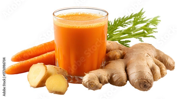 Fototapeta Glass of carrot and ginger juice isolated on transparent background.
