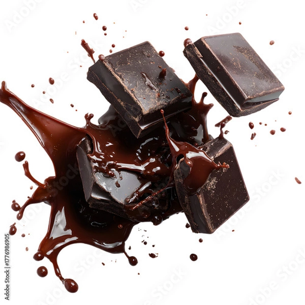 Fototapeta Dark chocolate pieces splashing in melted chocolate isolated on transparent background.