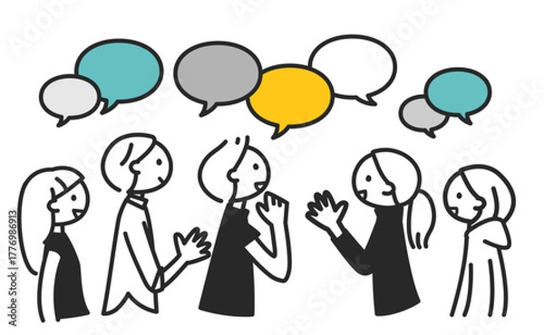 Obraz 意見を出し合う人々 シンプル線描きモノクロイラスト
