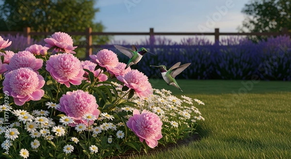 Obraz Two vibrant hummingbirds hover gracefully over lush pink peonies and white daisies in a sunlit garden, with lavender fields and a wooden fence in the background.