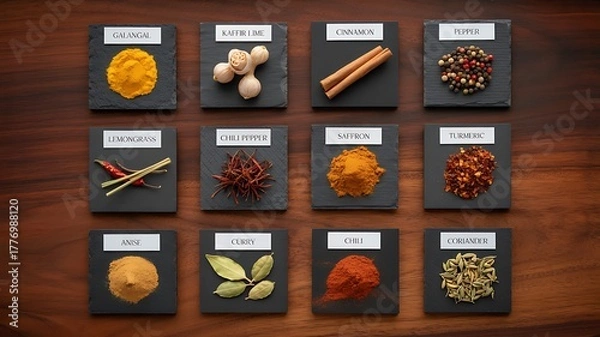Fototapeta Top View Of Twelve Square Slate Plates With Various Spices 