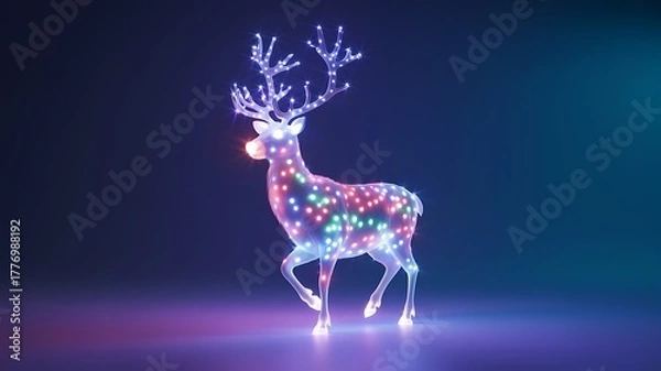 Fototapeta Walking Reindeer Figure Adorned with Multicolored LED Christmas Lights on Dark Background