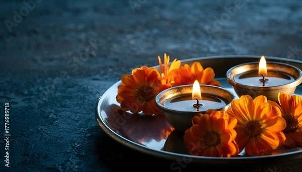 Fototapeta Warm glowing oil lamps and orange flowers arranged on a metallic tray against a dark background