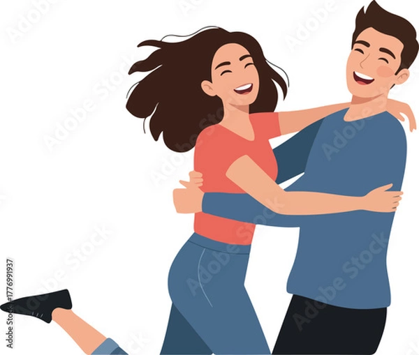 Obraz Joyful Couple Hugging Together Flat Design Minimal Illustration