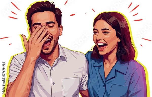 Obraz Joyful Couple Laughing Together Vibrant Yellow Outline Isolated