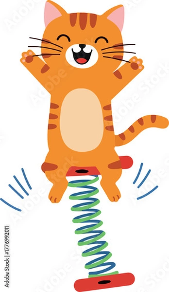 Obraz Joyful Orange Cat Jumping on Pogo Stick Fun Playful Illustration