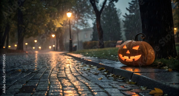 Fototapeta Glowing halloween jack o lantern with a happy face