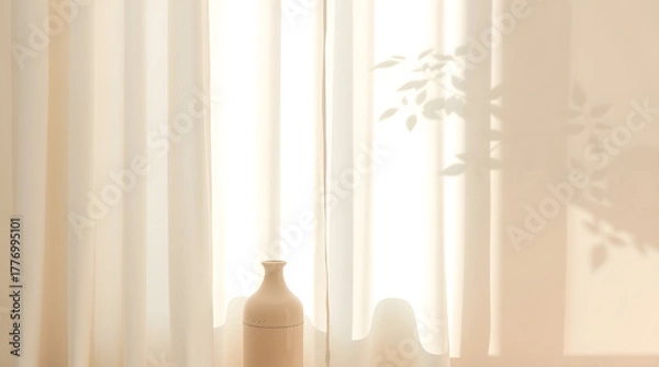 Fototapeta Soft morning light filters through delicate sheer curtains, illuminating a minimalist decorative vase and casting subtle plant shadows, creating a tranquil and serene indoor ambiance