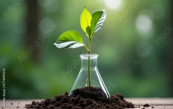 Fototapeta A plant sprouts from a beaker, symbolizing biotechnologys power in shaping the natural worlds future, Portray the potential of biotechnology to shape the future of humanity in a creative way
