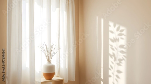Fototapeta Natural light through sheer curtains casts dynamic plant shadows on a light wall, showcasing a minimalist vase with dried decor in a peaceful and bright home setting