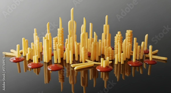 Fototapeta French fries arranged like a city with ketchup