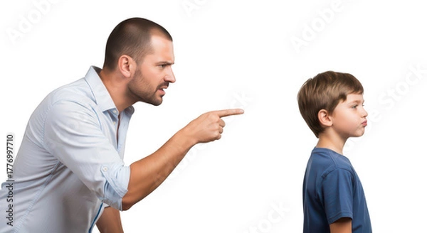 Obraz Father scolding his son, pointing finger in anger and discipline, isolated on transparent background