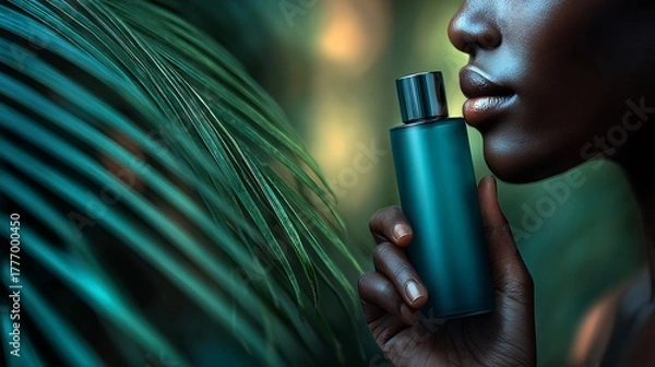 Fototapeta Elegant Woman Holding Fragrance Bottle Against Lush Green Background in Soft Natural Light