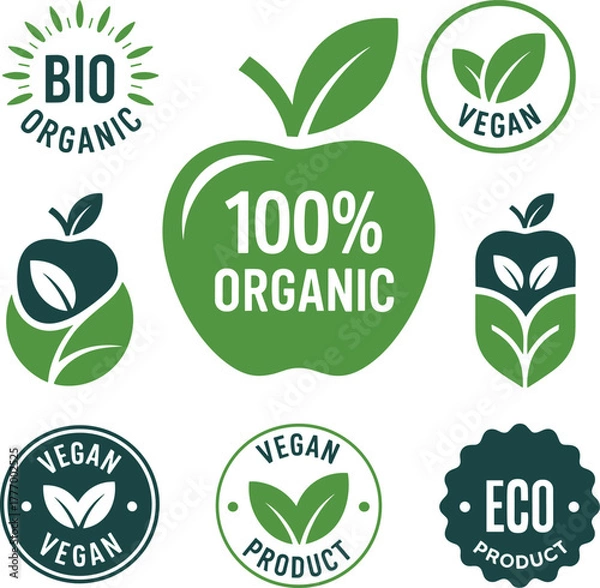 Fototapeta Collection of green bio organic and vegan product certification logos vector