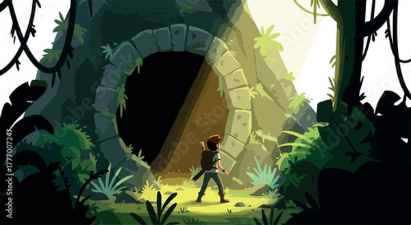 Fototapeta Pixel Art Fantasy Jungle Gateway With Adventurer and Sunlight