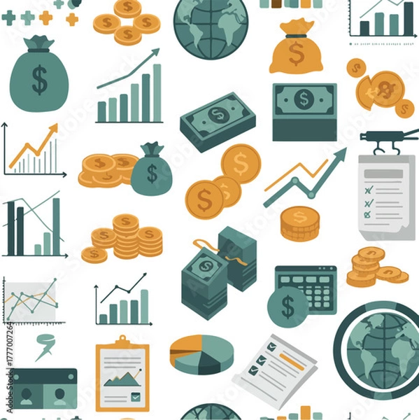 Fototapeta Pixel Art Finance Icons With Money Charts And Globes Seamless Pattern