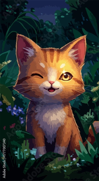 Fototapeta Pixel Art Ginger Cat Winking In Lush Green Forest At Night