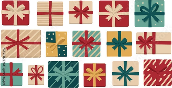 Fototapeta Pixel Art Gift Boxes Flat Design Isolated Objects Red Blue Yellow Green Ribbons