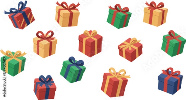 Fototapeta Pixel Art Gift Boxes with Ribbons on White Background Flat Design