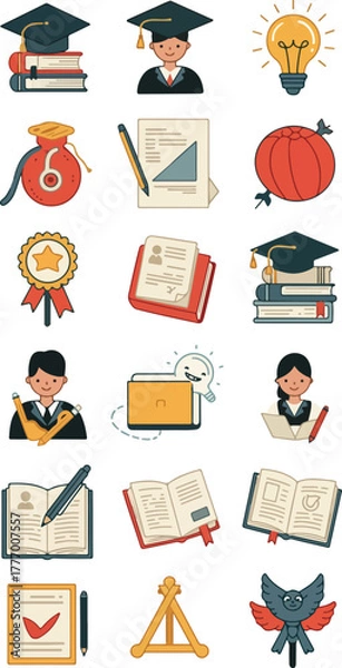 Fototapeta Pixel Art Graduation Education Icons Set Lightbulb Book Bag