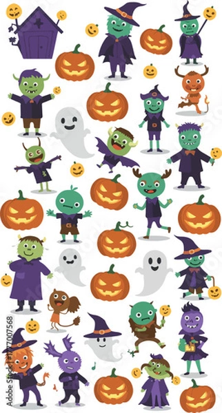 Fototapeta Pixel Art Halloween Characters and Pumpkins Flat Design Vector Illustration