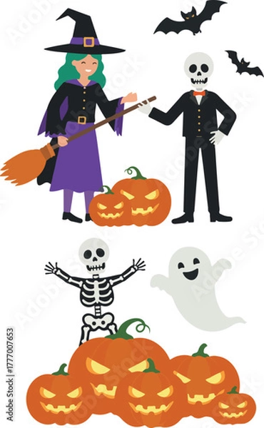 Fototapeta Pixel Art Halloween Characters With Pumpkins And Bats