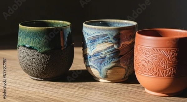 Fototapeta Three handcrafted ceramic cups in various colors and textures