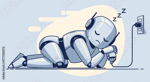 Obraz Tired robot peacefully sleeping plugged into power outlet, symbolizing recharge and rest in futuristic technology