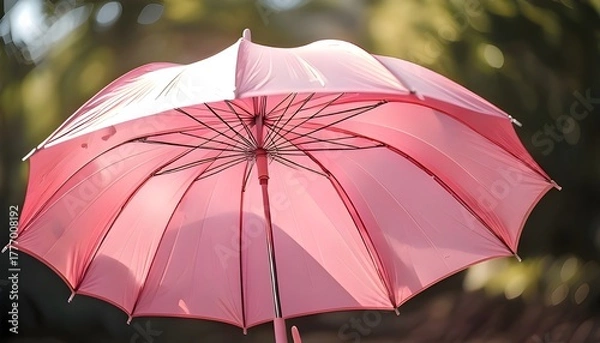 Fototapeta An open pink umbrella with a blurry green background and reflected sunlight.