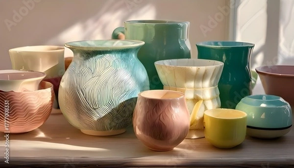 Fototapeta Colorful pottery of various shapes on a white table with sunlight reflecting off it.