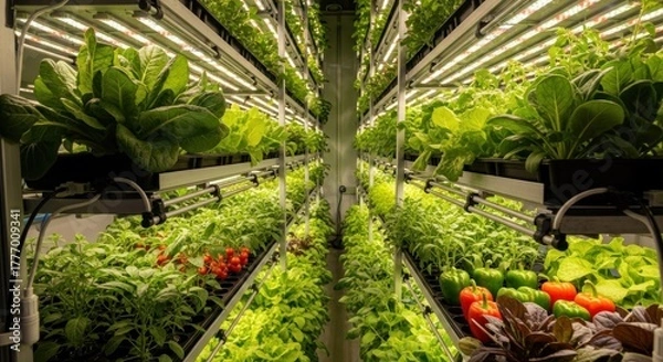Fototapeta Vertical farm interior with multiple levels of plants
