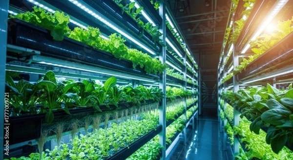 Fototapeta Vertical hydroponic farm, rows of plants lit by LEDs
