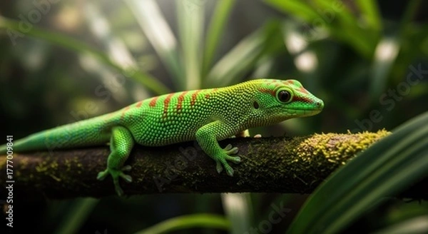 Fototapeta Vibrant green gecko on a mossy branch, bathed in dappled sunlight.  A close-up view of a gecko with lime-green scales and crimson stripes, perched on a dark brown branch overgrown with moss