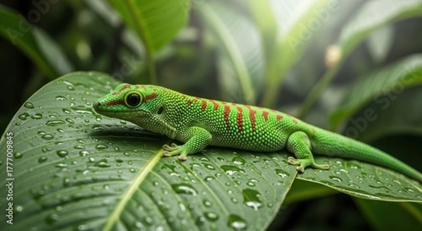 Obraz Vibrant green gecko on a dewy leaf