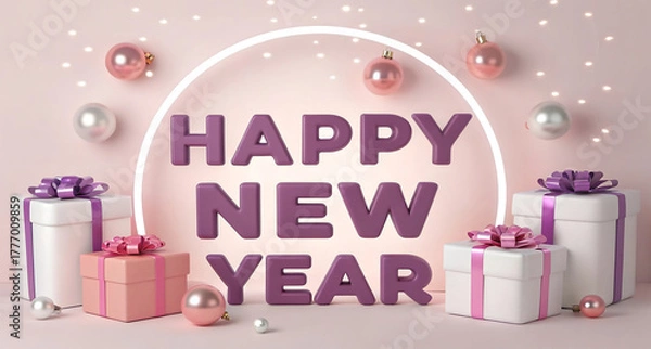 Fototapeta A festive digital design featuring the phrase happy new year