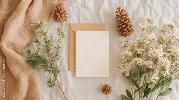 Obraz Blank vertical 5x7 card mockup on neutral flat lay with pinecones and woodland elements, soft natural lighting, minimal cozy composition ideal for rustic, nature-inspired design presentation
