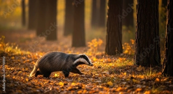 Fototapeta Badger walks through autumnal forest