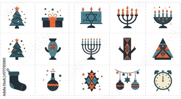 Obraz Festive holiday icons christmas tree gift menorah ornament clock vector set