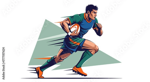 Fototapeta Dynamic rugby player with ball in motion, showcasing speed and athletic power, perfect for sports branding and event promotions