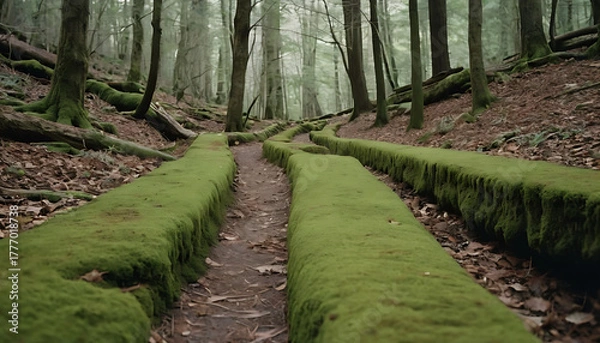Fototapeta Symmetrical footpath through moss garden trees with leading lines and quiet moody morning ambience