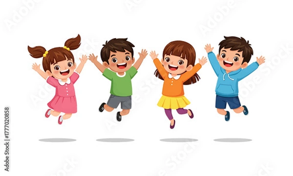 Obraz Four happy cartoon children are jumping in the air with their arms raised, smiling and having fun.