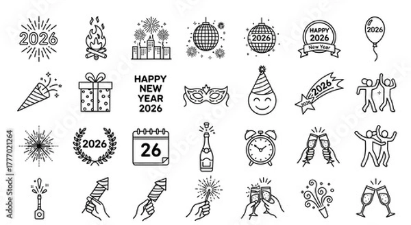 Obraz A vibrant collection of festive line icons celebrating Happy New Year 2026, featuring party elements, fireworks, champagne, and joyful moments for seasonal designs