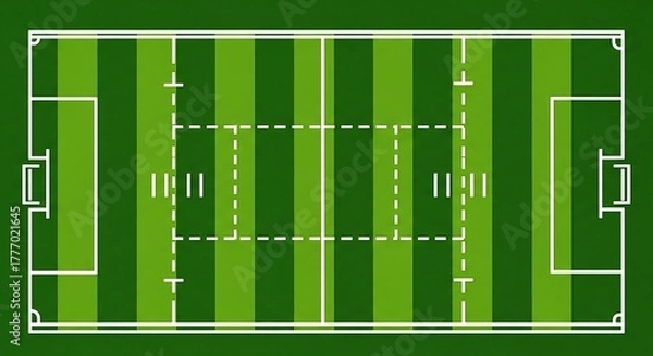 Fototapeta Dynamic aerial view of a vibrant green soccer field with clear white markings, perfect for sports strategy and game planning visuals.