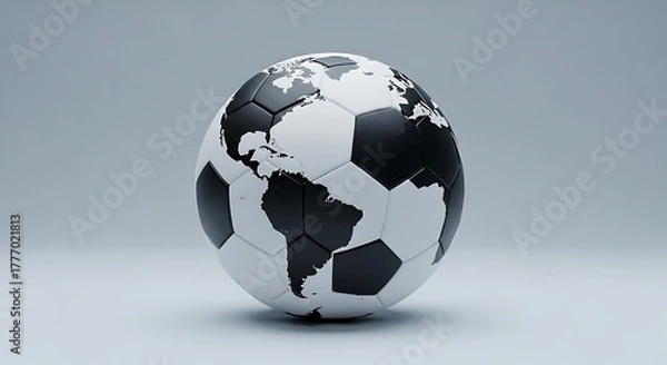 Fototapeta Global soccer ball with continents depicted on its panels, symbolizing worldwide sport and international competition.