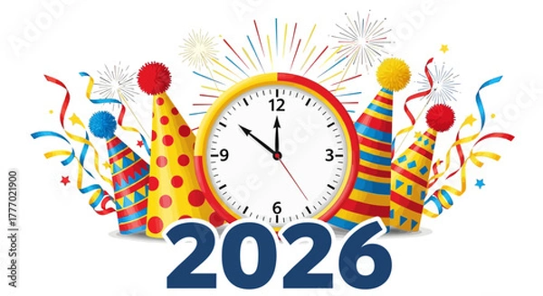 Fototapeta Vibrant 2026 New Year celebration countdown artwork featuring a clock, colorful party hats, festive confetti, and sparkling fireworks. Symbolizes fresh starts and joyful future hopes