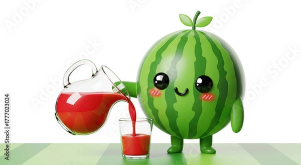 Obraz Cute watermelon character with smiling face pouring fresh red juice from glass pitcher into clear glass, playful and cheerful, isolated on white background